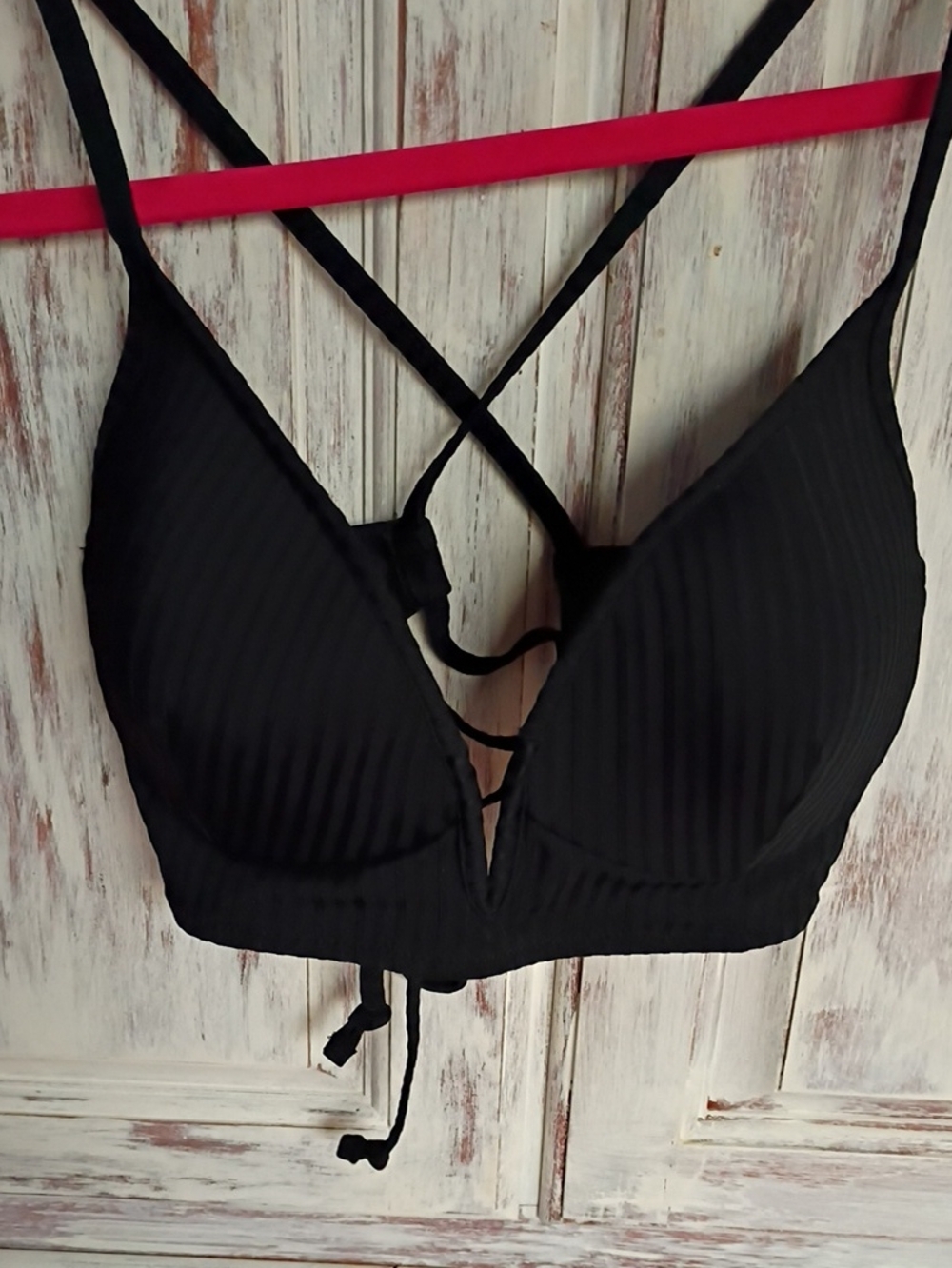 Black Ribbed Strappy Swim Top